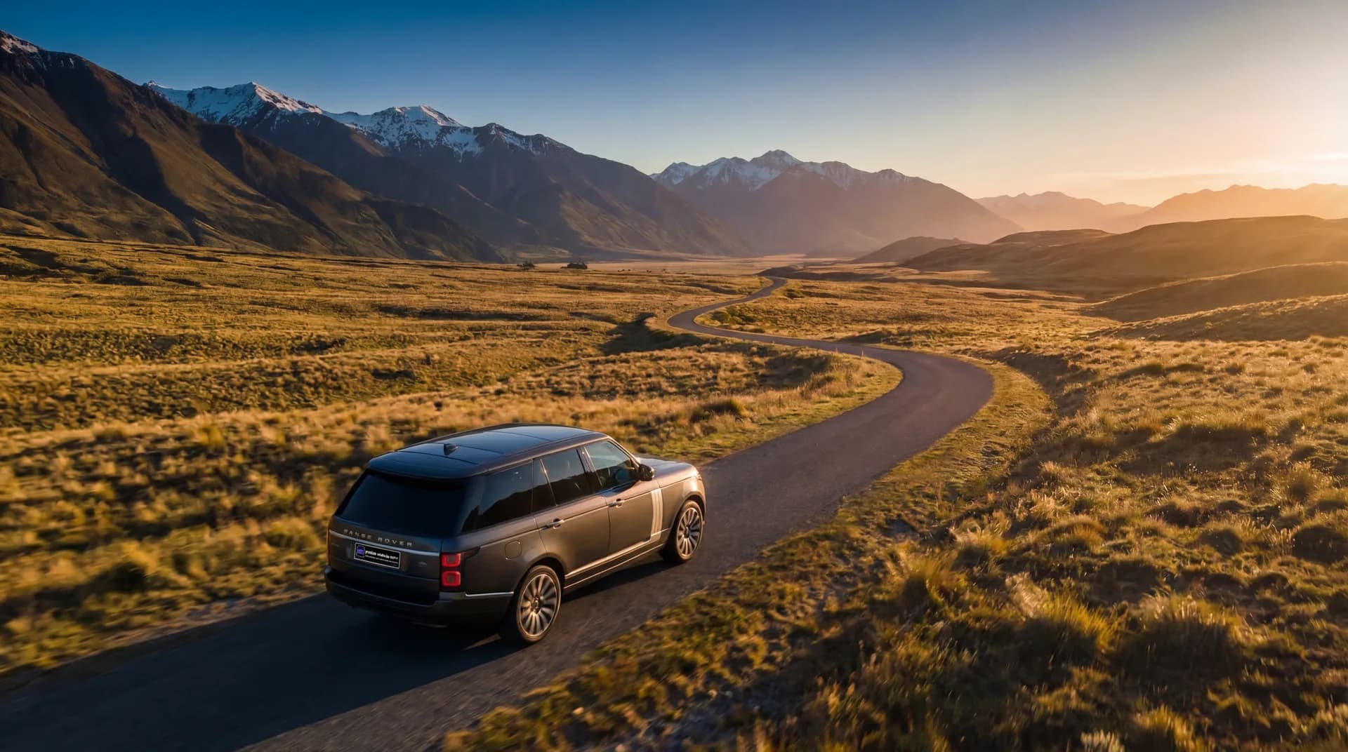 Aerial view of a Range Rover flagship driving along a winding road through a vast New Zealand South Island alpine valley at golden hour, snow-capped mountains in the distance